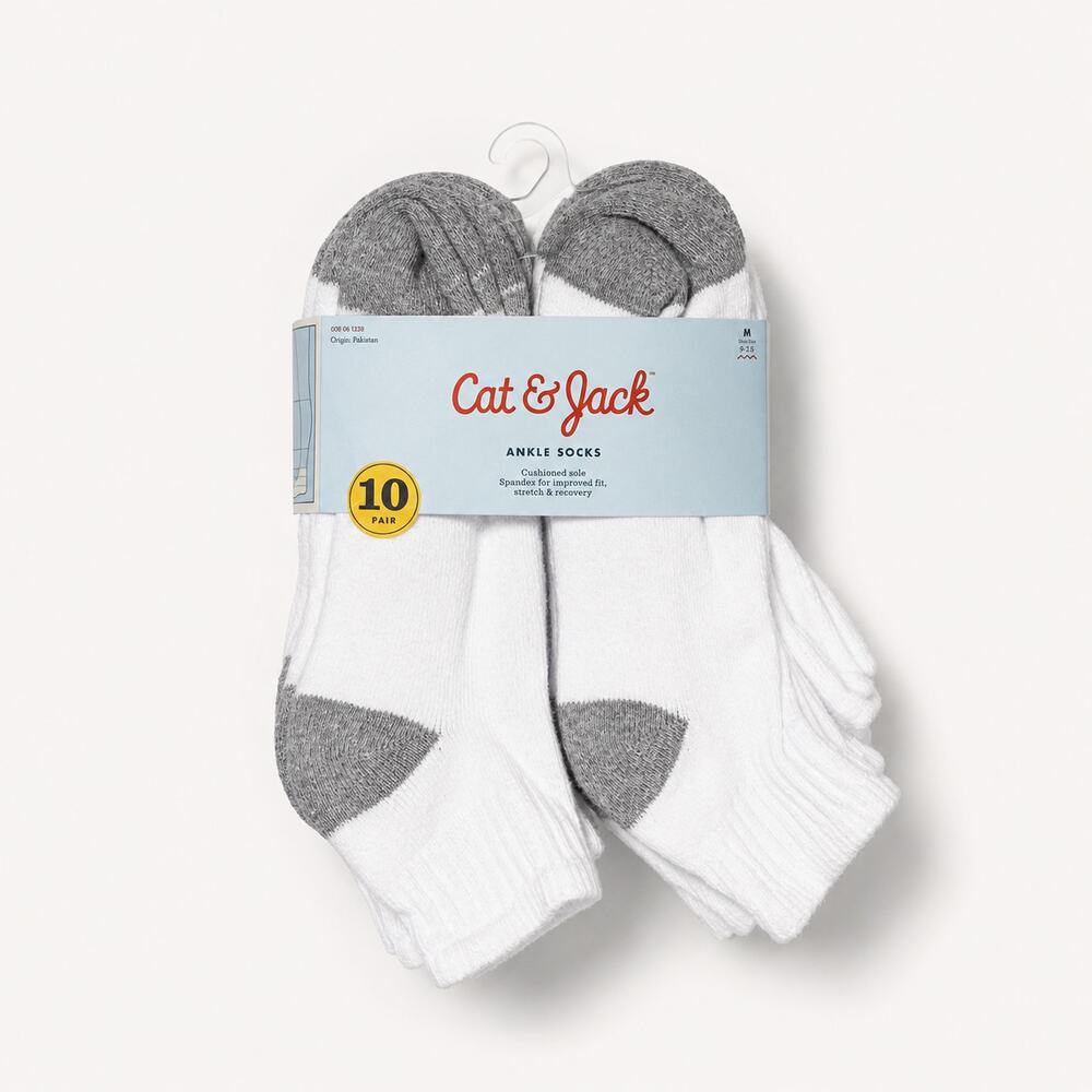 Cat & Jack 10-Pair White Gray Ankle Socks Boys M
